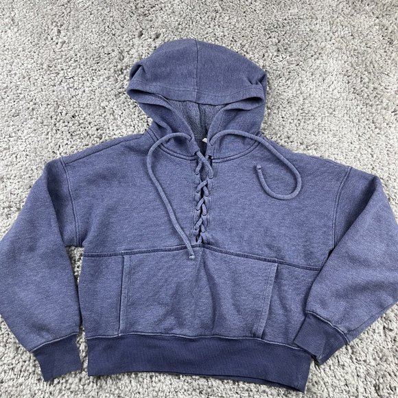Fp Free People Movement Believe It Lace Up Crop Hoodie Blue Sweatshirt Size XS - Picture 2 of 11